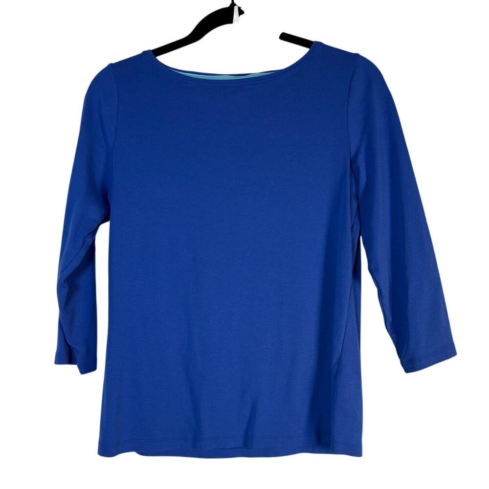 Talbots Blue Pima Cotton Bateau Neck Tee 3/4 Sleeve Top Classic Coastal PM